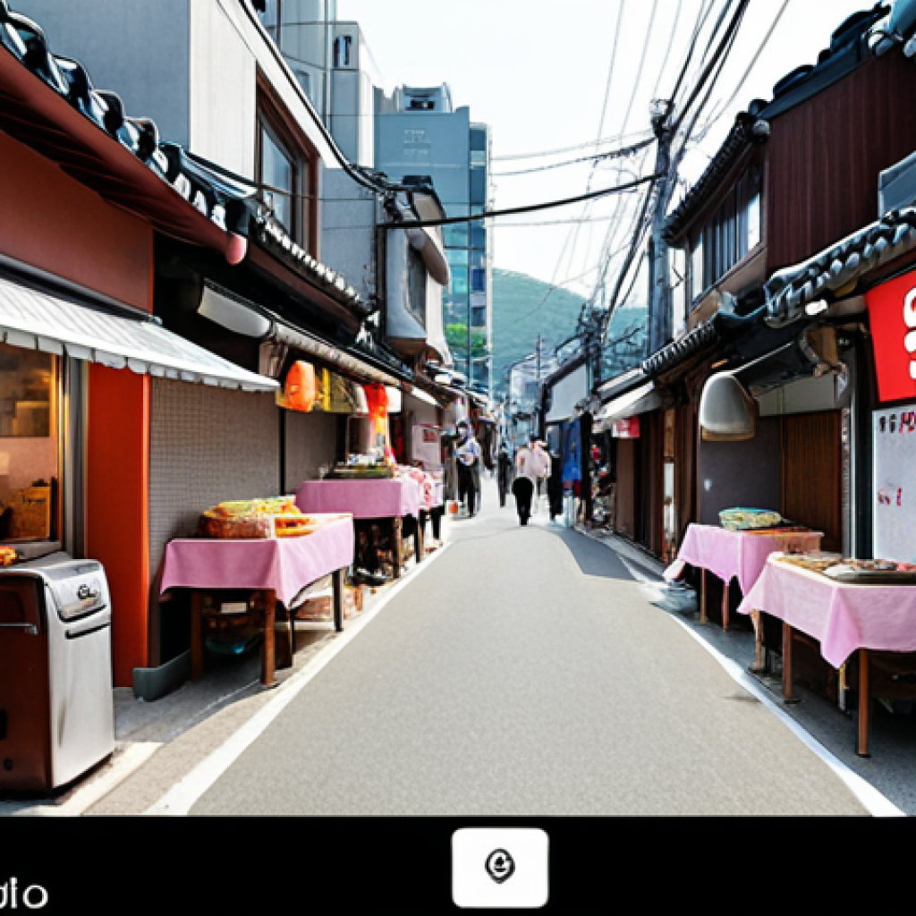 **

A vibrant, bustling Korean street scene as viewed in KakaoMap's street view. Focus on the details that make it distinctly Korean: street food vendors, colorful signage (in Korean), and modern architecture in the background. Capture the feeling of being virtually present in a lively Korean neighborhood through KakaoMap. Include the KakaoMap interface subtly overlaid to indicate it's a digital view.

**