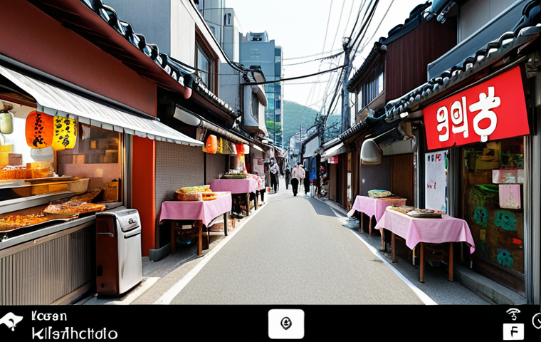 **

A vibrant, bustling Korean street scene as viewed in KakaoMap's street view. Focus on the details that make it distinctly Korean: street food vendors, colorful signage (in Korean), and modern architecture in the background. Capture the feeling of being virtually present in a lively Korean neighborhood through KakaoMap. Include the KakaoMap interface subtly overlaid to indicate it's a digital view.

**