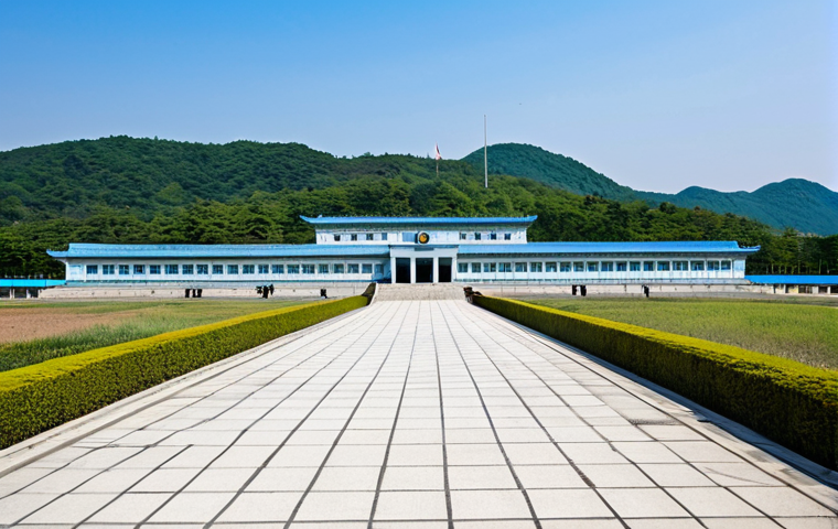 A professional, wide-angle photograph capturing the poignant atmosphere of the Demilitarized Zone (DMZ) at Panmunjom. The iconic blue United Nations buildings stand prominently, with a clear demarcation line visible on the ground. The scene conveys a sense of quiet observation and historical significance, with distant, modest structures on the horizon under a bright, clear sky. Fully clothed, appropriate attire, safe for work, appropriate content, professional, perfect anatomy, correct proportions, natural pose, well-formed hands, proper finger count, natural body proportions, high quality.