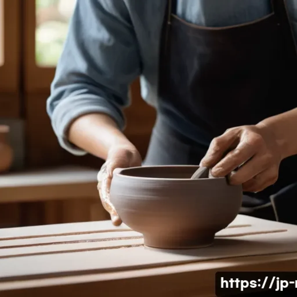 전통 공예 체험 - A serene traditional Japanese pottery workshop scene featuring a beginner artist shaping a hand-buil...