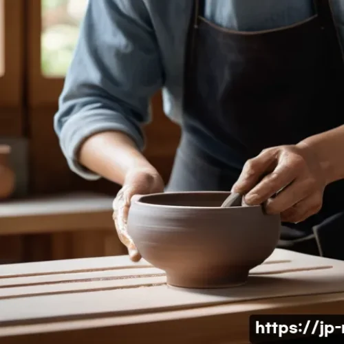 전통 공예 체험 - A serene traditional Japanese pottery workshop scene featuring a beginner artist shaping a hand-buil...