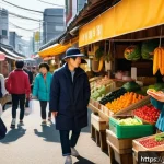 외국인을 위한 한국어 기본 회화 - A vibrant Korean street market scene during the day, bustling with people shopping and vendors selli...