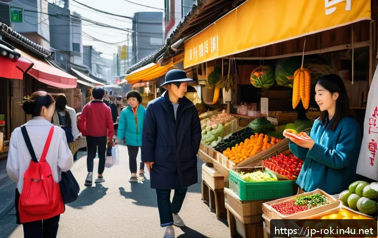 외국인을 위한 한국어 기본 회화 - A vibrant Korean street market scene during the day, bustling with people shopping and vendors selli...