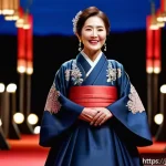 윤여정 아카데미 수상 - A dignified Korean actress in her 60s, wearing elegant traditional hanbok with intricate embroidery,...