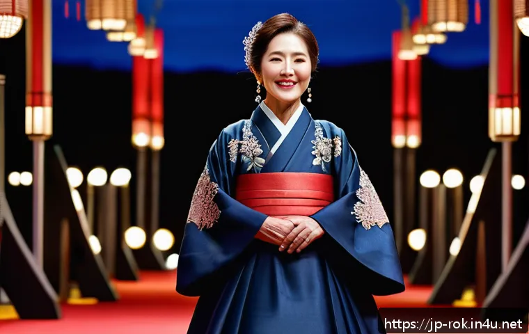 윤여정 아카데미 수상 - A dignified Korean actress in her 60s, wearing elegant traditional hanbok with intricate embroidery,...