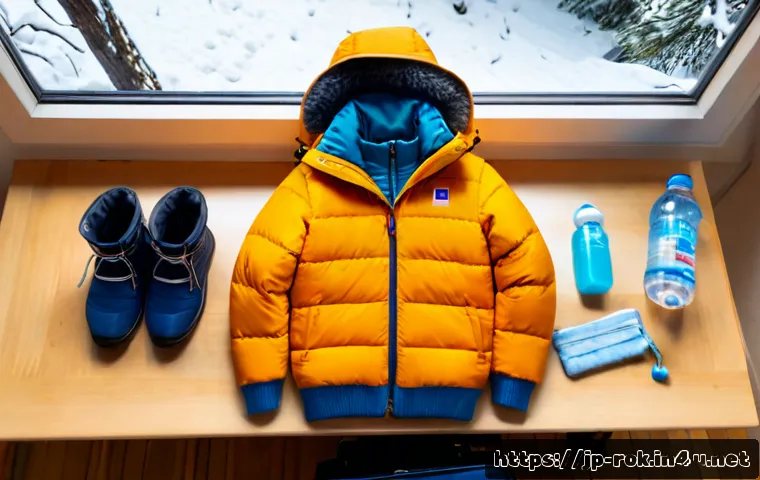 한국 겨울철 여행 준비물 - Photorealistic overhead flat lay of winter travel essentials neatly arranged on a warm wooden table:...